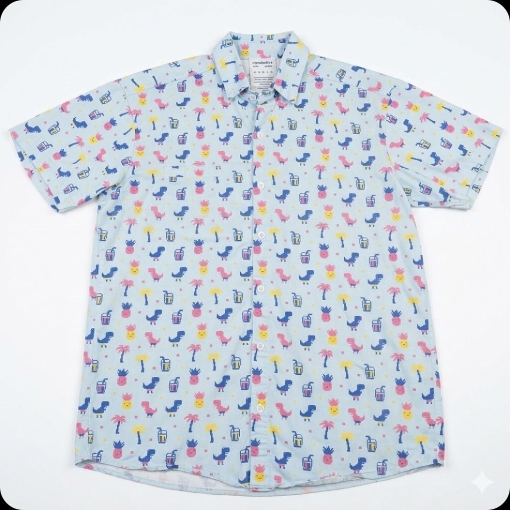 Cloudstyle Tropical Dinosaur Print Pixel Art Button Down Sateen Cotton Shirt L